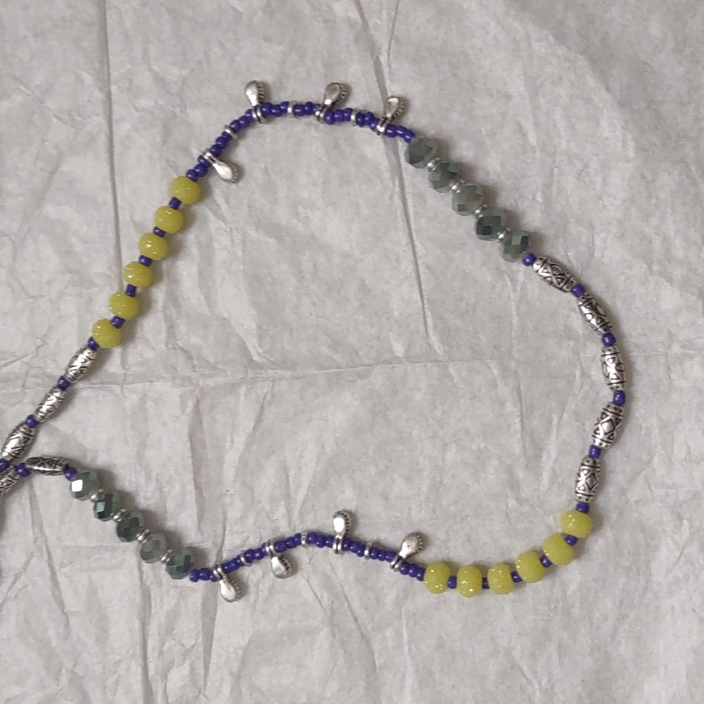 Premier Design, 17" long necklace - yellow, blue, & chrome. Excellent condition.